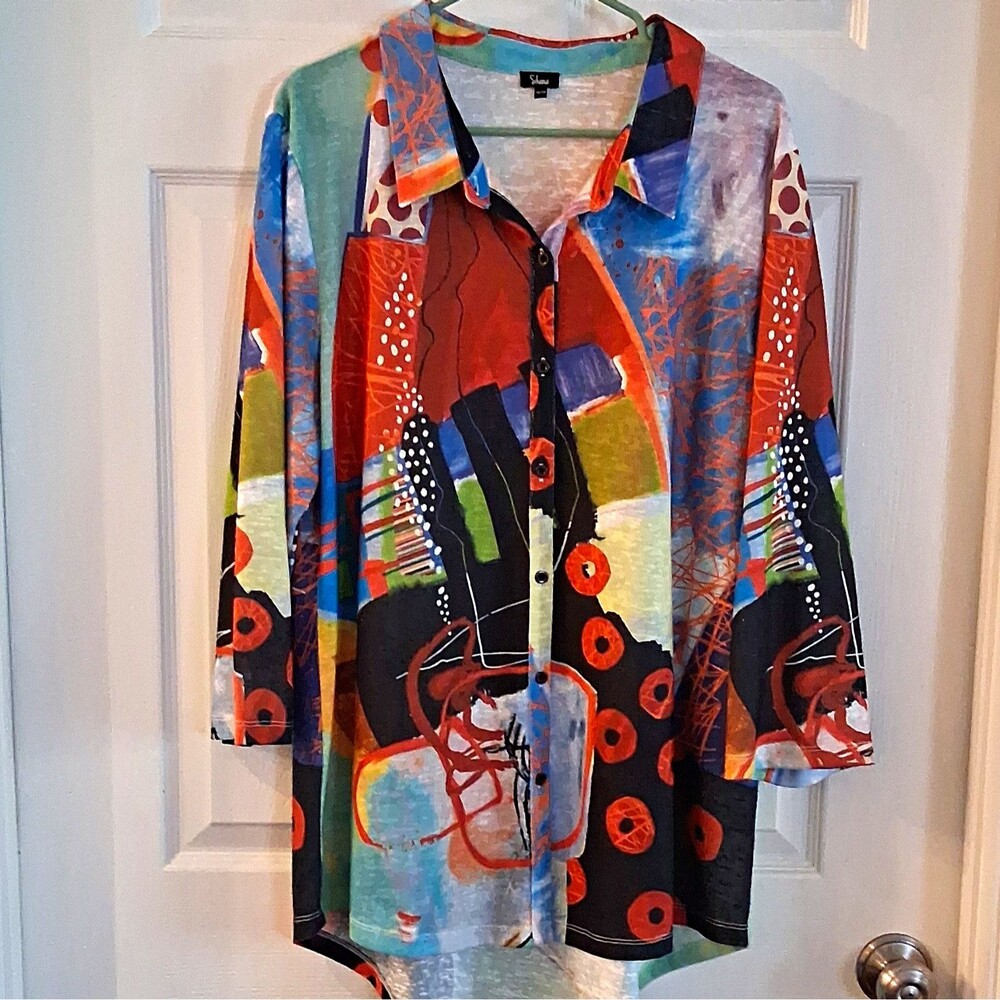Shana Apparel Women M Shirt Button Up Abstract Art Print Quirky Colorful Artsy